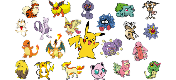 A vibrant collection of Pokémon characters featuring favorites like Pikachu, Charizard, and Eevee, showcasing various types and styles.UV Transfersdtf regular iron