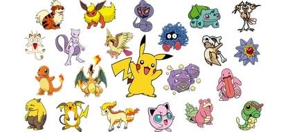 A vibrant collection of Pokémon characters featuring favorites like Pikachu, Charizard, and Eevee, showcasing various types and styles.UV Transfersdtf regular iron