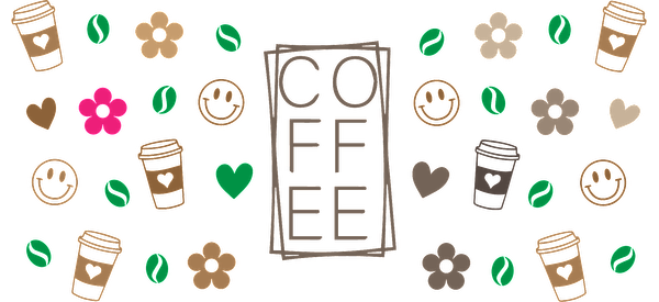 A fun and colorful coffee-themed design featuring cups, hearts, flowers, and coffee beans, celebrating the love for coffee!UV Transfersdtf regular iron