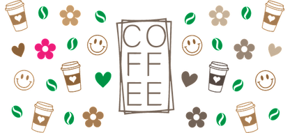 A fun and colorful coffee-themed design featuring cups, hearts, flowers, and coffee beans, celebrating the love for coffee!UV Transfersdtf regular iron