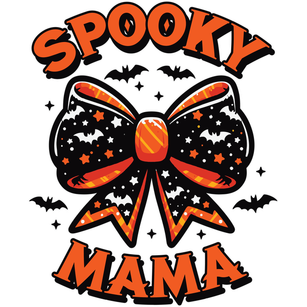 Un gráfico vibrante con temática de Halloween que presenta un lazo negro adornado con estrellas y murciélagos, resaltado por el texto "Spooky Mama".