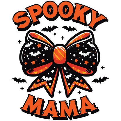 Un gráfico vibrante con temática de Halloween que presenta un lazo negro adornado con estrellas y murciélagos, resaltado por el texto "Spooky Mama".