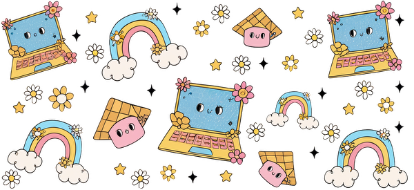 A whimsical pattern featuring colorful laptops, cute characters, rainbows, clouds, and stars, all in a playful, cartoonish style.UV Transfers dtf transfers
