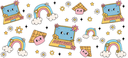 A whimsical pattern featuring colorful laptops, cute characters, rainbows, clouds, and stars, all in a playful, cartoonish style.UV Transfers dtf transfers