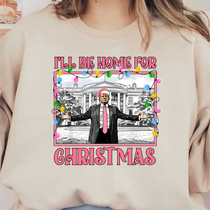 A festive design featuring a figure in a suit and Santa hat in front of a white building, surrounded by colorful Christmas lights.DTF Transfersdtf regular irondtf regular iron