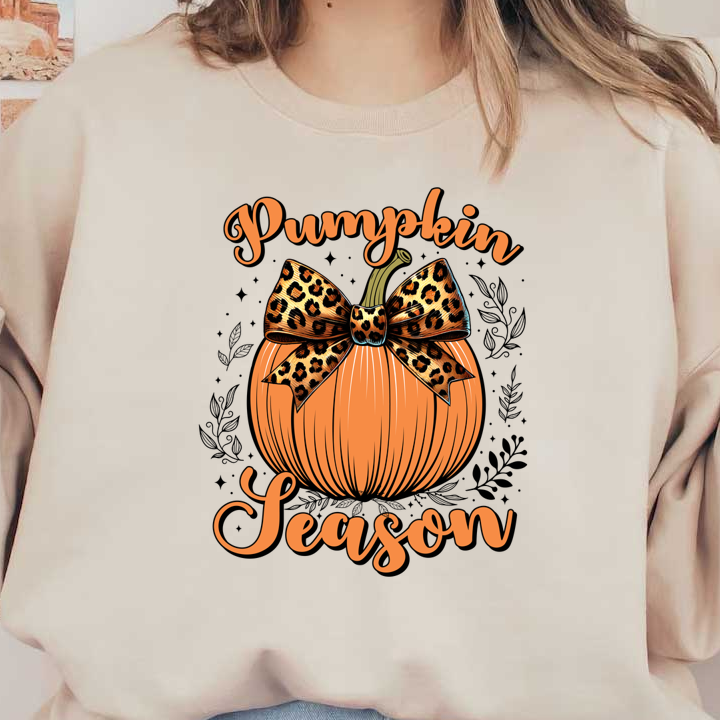 Embrace the fall with this stylish pumpkin illustration featuring a leopard print bow and the phrase "Pumpkin Season." dtf prints