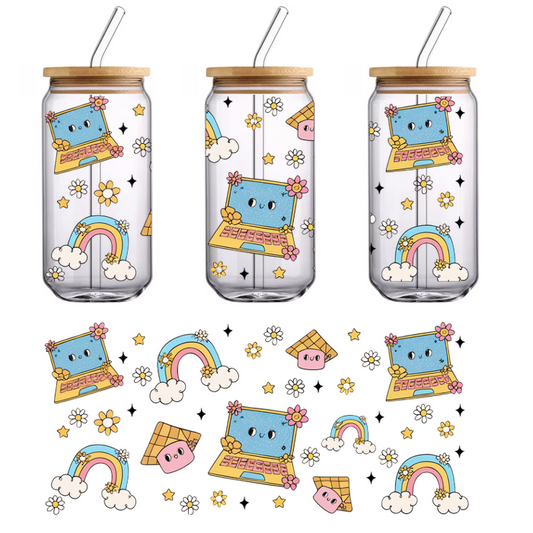 A whimsical pattern featuring colorful laptops, cute characters, rainbows, clouds, and stars, all in a playful, cartoonish style.UV Transfers dtf transfers