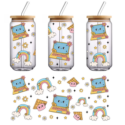 A whimsical pattern featuring cute laptops, pastel rainbows, fluffy clouds, and playful characters, perfect for a cheerful design!UV Transfersdtf regular iron