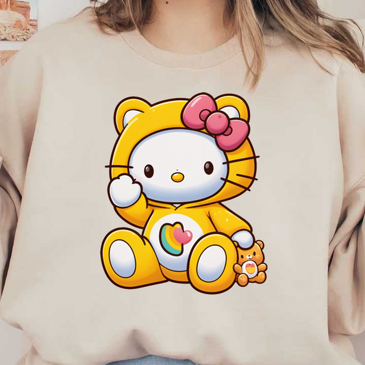 This adorable character features a yellow cat-like design, complete with a pink bow and a colorful heart design on its belly.DTF Transfers