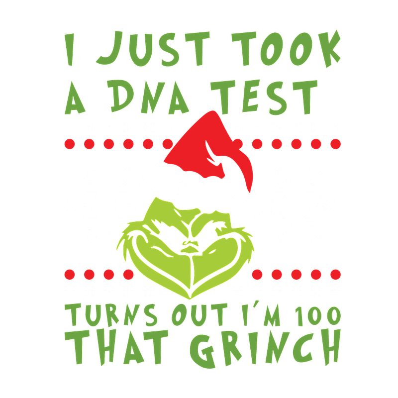 Fun and festive graphic featuring the Grinch with the playful text, "I just took a DNA test, turns out I'm 100% that Grinch."DTF Transfers heat press transfersdtf regular iron