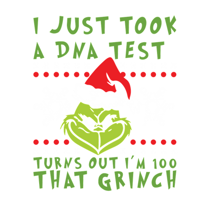 Fun and festive graphic featuring the Grinch with the playful text, "I just took a DNA test, turns out I'm 100% that Grinch."DTF Transfers heat press transfersdtf regular iron