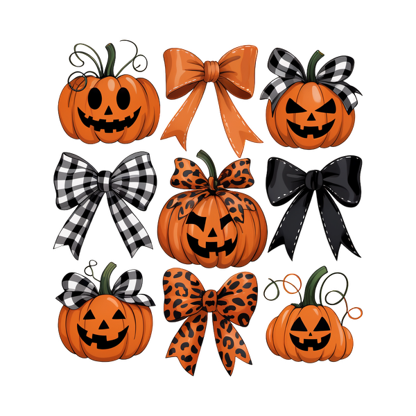 Una divertida colección de calabazas con temática de Halloween, con diversas expresiones y elegantes lazos en patrones clásicos en negro, naranja y leopardo.