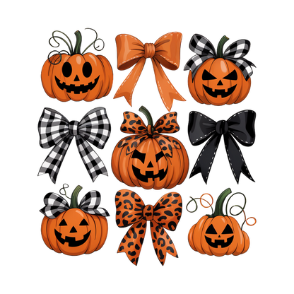 Una divertida colección de calabazas con temática de Halloween, con diversas expresiones y elegantes lazos en patrones clásicos en negro, naranja y leopardo.