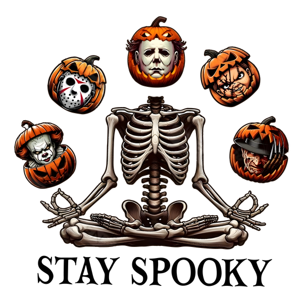 A spooky-themed illustration featuring a skeleton in a meditative pose surrounded by iconic horror character pumpkin heads.dtf regular iron