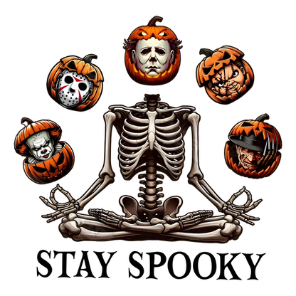 A spooky-themed illustration featuring a skeleton in a meditative pose surrounded by iconic horror character pumpkin heads.dtf regular iron