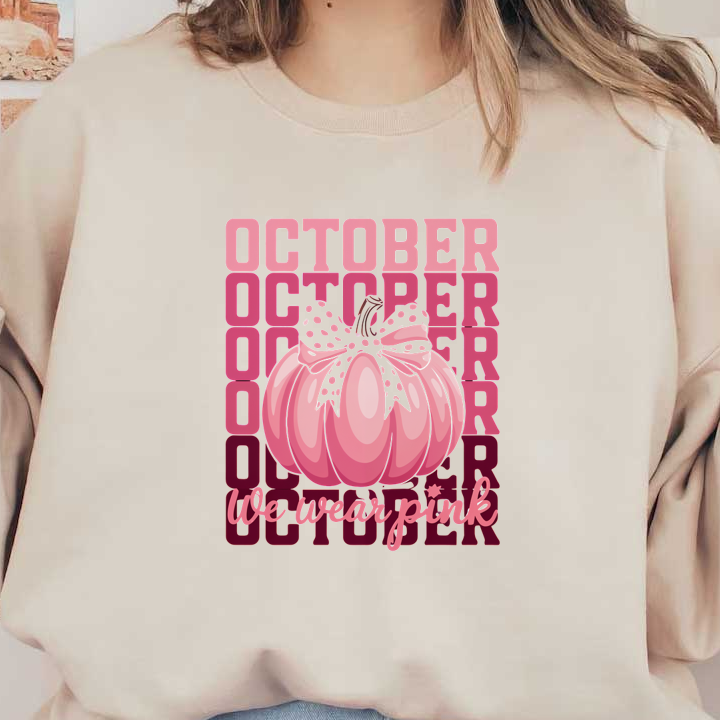 ¡Celebre octubre con un divertido gráfico de calabaza rosa que resalta "We wear pink" (Usamos rosa) en letras vibrantes!