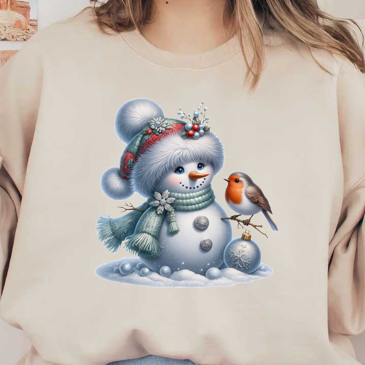 A cheerful snowman adorned with a festive hat and scarf, accompanied by a robin, celebrates winter in a snowy scene.DTF Transfers heat press transfers