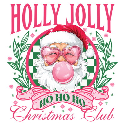 Celebrate the festive season with this cheerful "Holly Jolly Christmas Club" graphic featuring a playful Santa design and festive elements.DTF Transfers