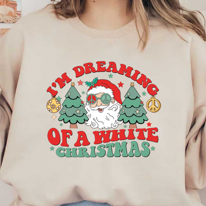 A whimsical Christmas design featuring a cheerful Santa with peace sign glasses, surrounded by festive trees and playful text. dtf transfers