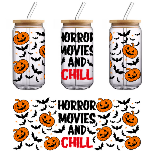 A fun Halloween-themed graphic featuring playful jack-o'-lanterns and the word "CHILL" in bold red letters.UV Transfers dtf transfers