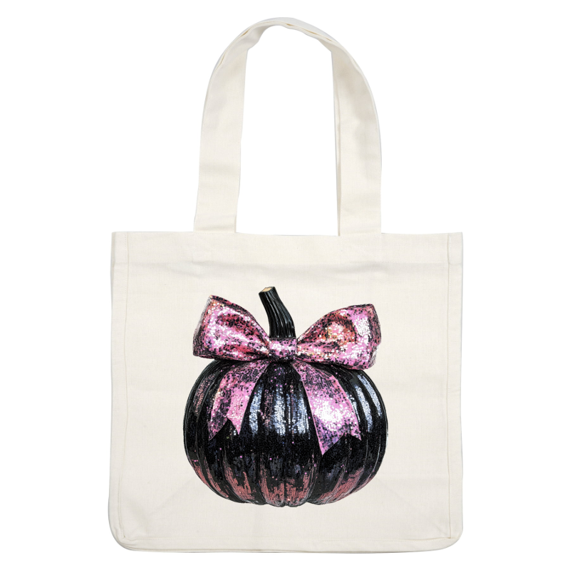 This stylish black pumpkin is adorned with sparkling pink sequins and topped with a chic bow, perfect for Halloween decor.