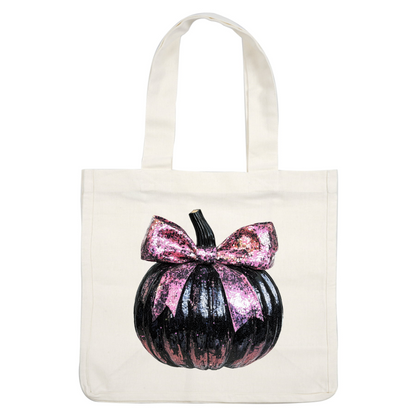 This stylish black pumpkin is adorned with sparkling pink sequins and topped with a chic bow, perfect for Halloween decor.