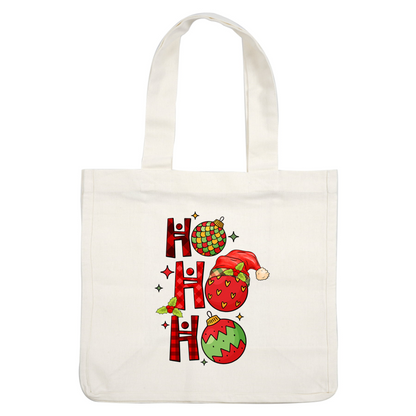 Festive "HO HO HO" design featuring colorful ornaments, a Santa hat, and holly, perfect for the holiday spirit! heat press transfers