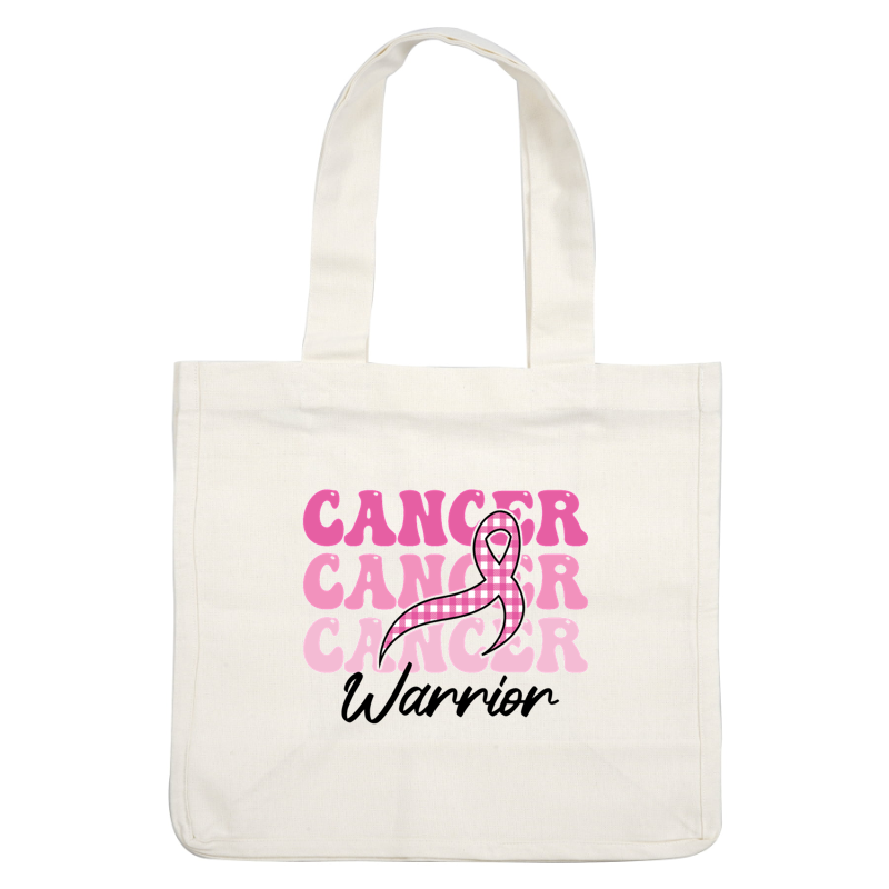 Bold pink text featuring the word "CANCER" repeatedly, accented with a pink plaid awareness ribbon, symbolizing support for cancer awareness. dtf prints