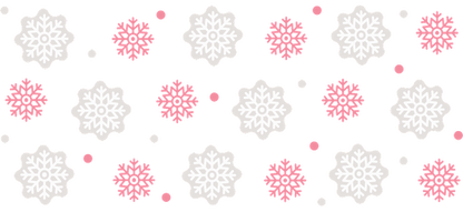 A whimsical pattern featuring pink and white snowflakes on a black background, perfect for winter-themed designs.UV Transfersdtf regular iron