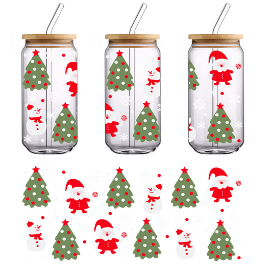 A cheerful festive pattern featuring colorful Christmas trees, playful snowmen, and jolly Santa figures, perfect for holiday decor!UV Transfers