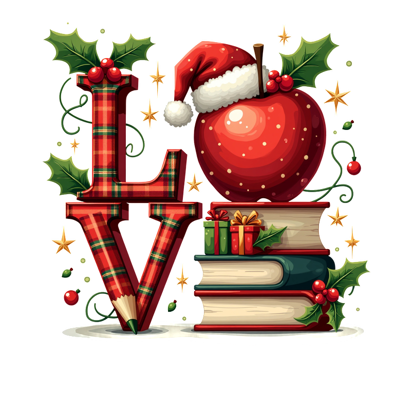 Festive illustration featuring plaid letters spelling "LOVE," stacked books, an apple wearing a Santa hat, and holiday decorations.DTF Transfers