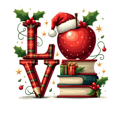 Festive illustration featuring plaid letters spelling "LOVE," stacked books, an apple wearing a Santa hat, and holiday decorations.DTF Transfers