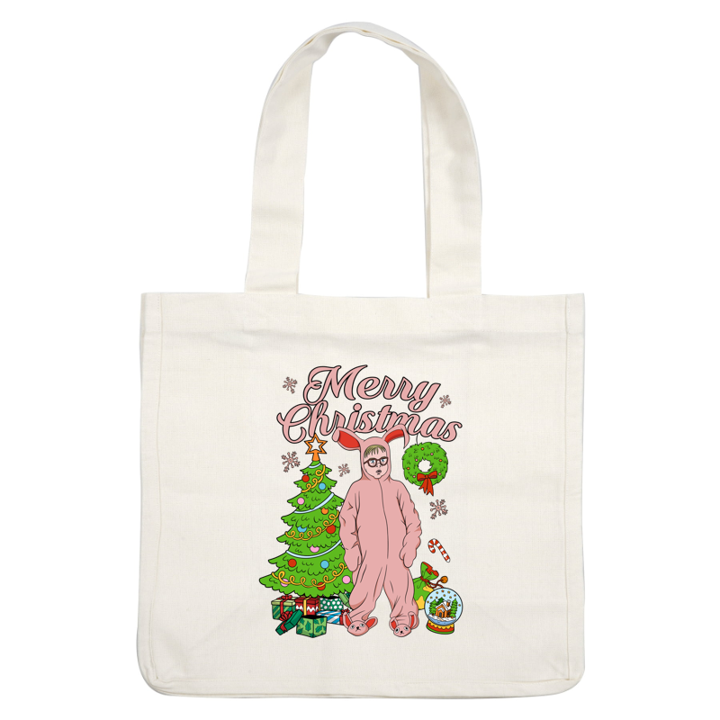 Cozy up in this playful pink bunny onesie amidst a festive Christmas scene, complete with a decorated tree and gifts.DTF Transfersdtf regular iron dtf prints