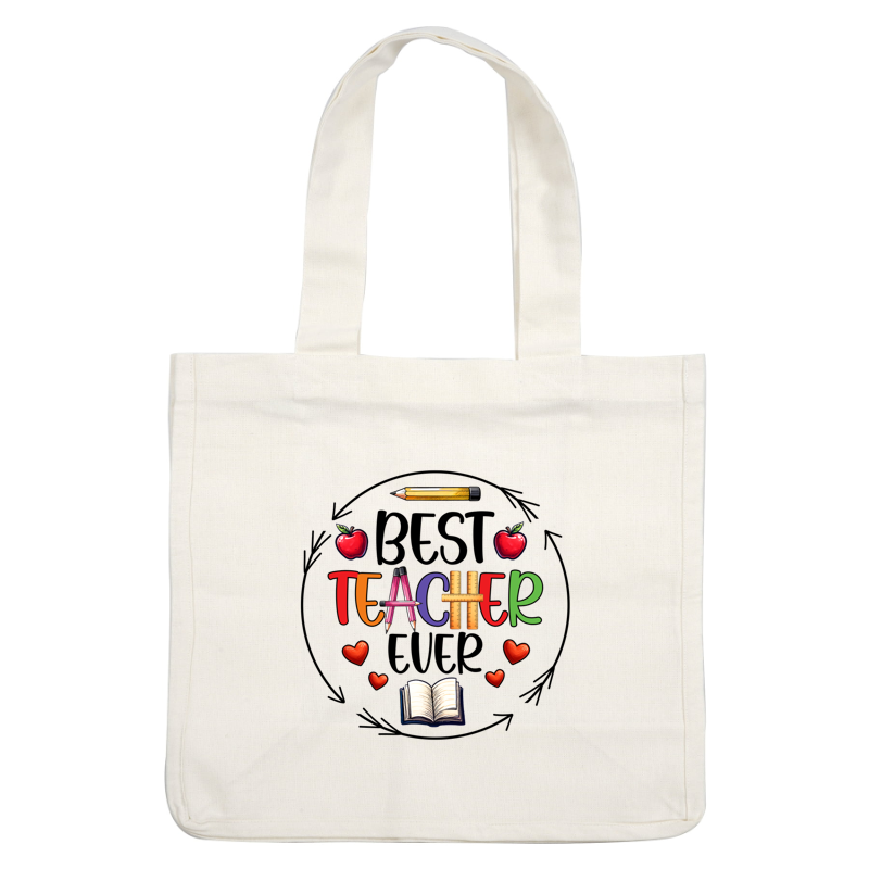 Celebrate teachers with this vibrant design featuring colorful letters, apples, hearts, a pencil, and an open book!DTF Transfers