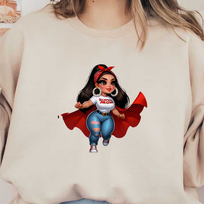 Una superheroína segura de sí misma, con cabello largo y un pañuelo rojo, vistiendo una camiseta de "SUPER MAMÁ", jeans desgastados y una capa suelta.