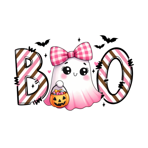 A cute Halloween design featuring a smiling ghost with a pink bow, holding a pumpkin bucket and the word "BOO." heat press transfers