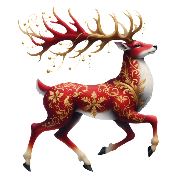 A beautifully decorated red deer with ornate golden patterns and impressive antlers, exuding a festive and whimsical charm. dtf transfers