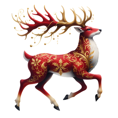 A beautifully decorated red deer with ornate golden patterns and impressive antlers, exuding a festive and whimsical charm. dtf transfers