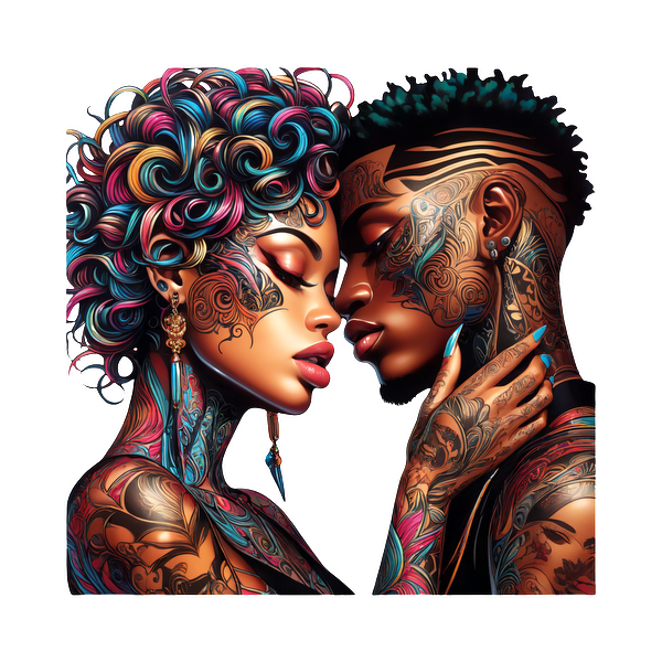 A vibrant depiction of a couple with intricate tattoos, showcasing their love and connection through colorful hairstyles and tender expressions.DTF Transfers dtf transfers