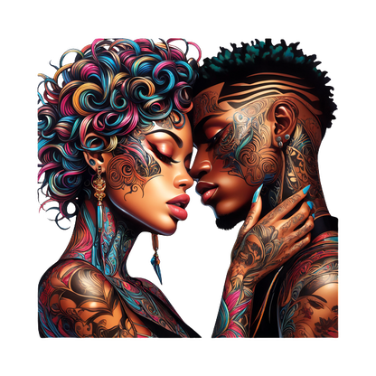 A vibrant depiction of a couple with intricate tattoos, showcasing their love and connection through colorful hairstyles and tender expressions.DTF Transfers dtf transfers