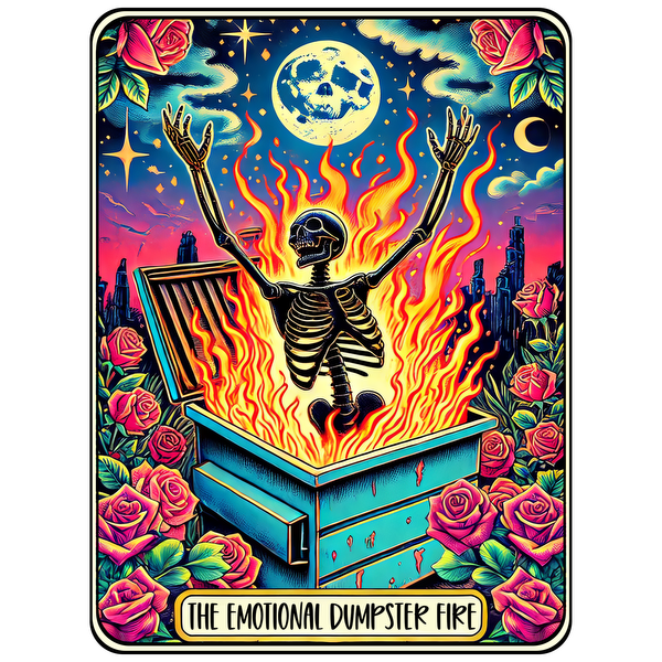 A vibrant illustration depicting a skeleton joyfully emerging from a dumpster fire, surrounded by roses and a colorful night sky. heat press transfers