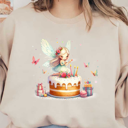 A whimsical fairy decorates a colorful birthday cake adorned with flowers, butterflies, and cheerful gifts, radiating a joyful celebration.DTF Transfers