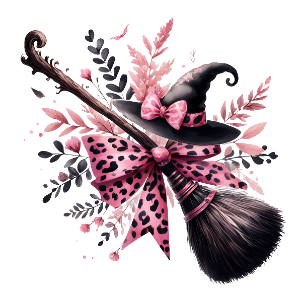 Una extravagante escoba de bruja adornada con un sombrero negro y un lazo con estampado de leopardo rosa, rodeada de delicados detalles florales.