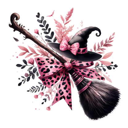 Una extravagante escoba de bruja adornada con un sombrero negro y un lazo con estampado de leopardo rosa, rodeada de delicados detalles florales.