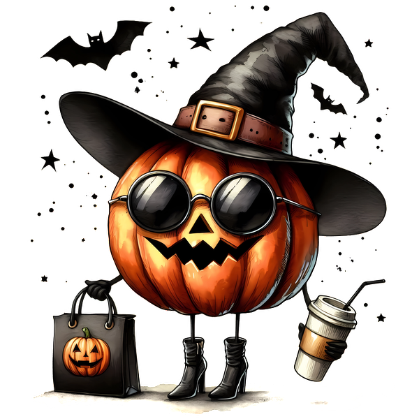 A stylish pumpkin character wears a witch's hat and sunglasses, holding a coffee and a Halloween-themed bag. heat press transfers