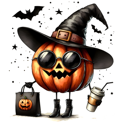 A stylish pumpkin character wears a witch's hat and sunglasses, holding a coffee and a Halloween-themed bag. heat press transfers