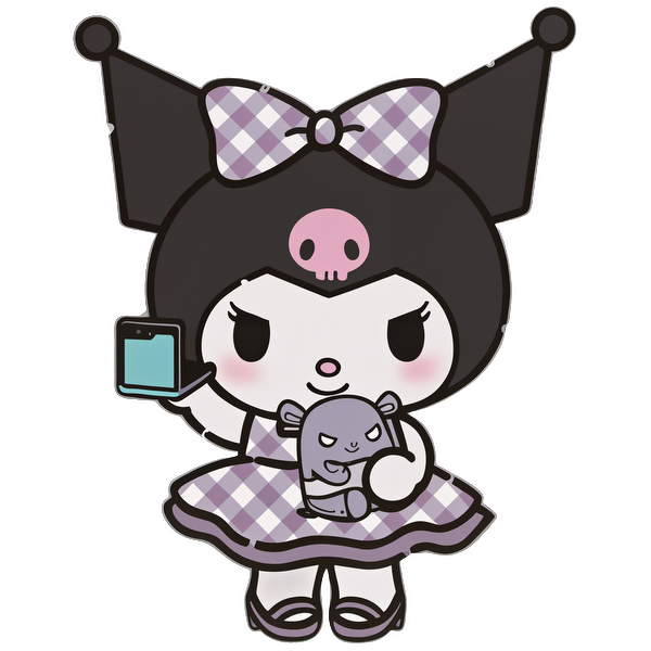 This cute character features a girl in a checkered dress, holding a smartphone and a plush toy, with whimsical horns.DTF Transfers