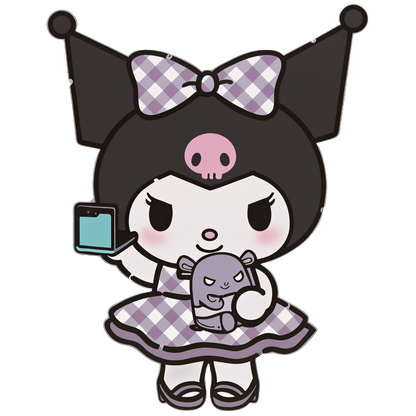 This cute character features a girl in a checkered dress, holding a smartphone and a plush toy, with whimsical horns.DTF Transfers