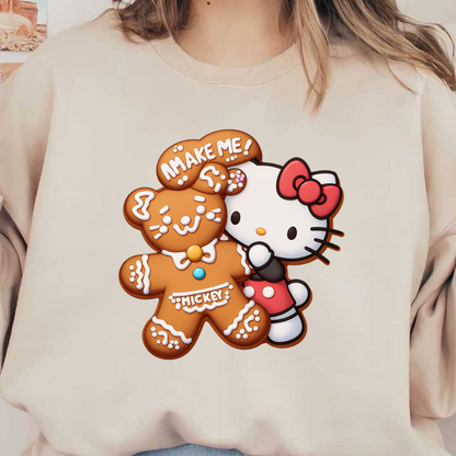 A cute gingerbread cookie, shaped like Mickey Mouse, is playfully embraced by Hello Kitty, showcasing festive charm and whimsy.DTF Transfers dtf prints