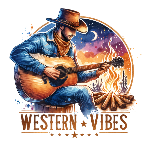 Un vaquero toca la guitarra junto a una fogata bajo un cielo estrellado, encarnando el espíritu de "Western Vibes".